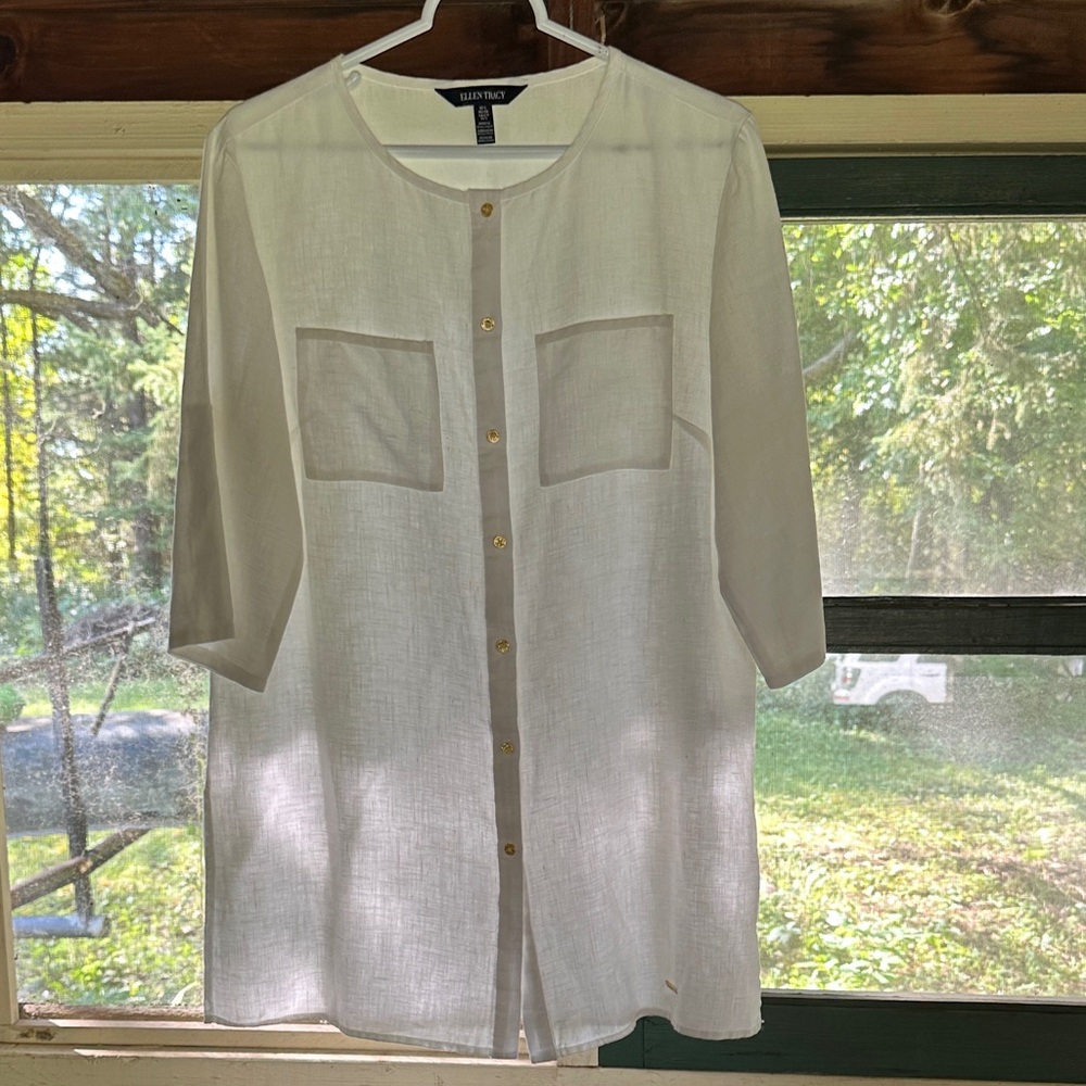 Ellen Tracy Linen Button-Up White Tunic Top Jacket Small